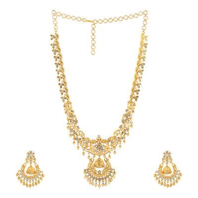 Estele Gold Plated CZ Floral Designer Bridal Necklace Set with Pearls for Women