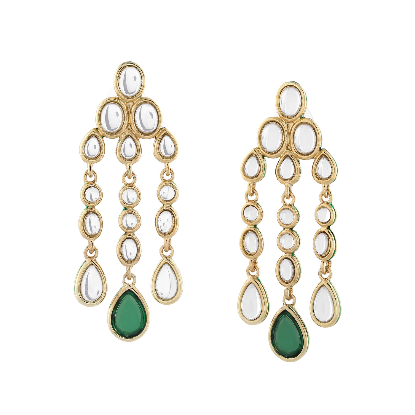 Traditional Long Kundan Chandelier Earrings with green stone