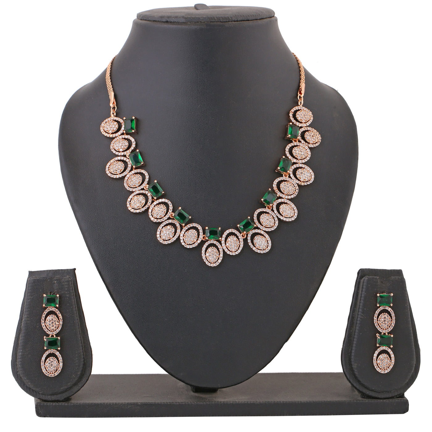 Estele Rose Gold Plated CZ Circlet Designer Necklace Set with Green Crystals for Women