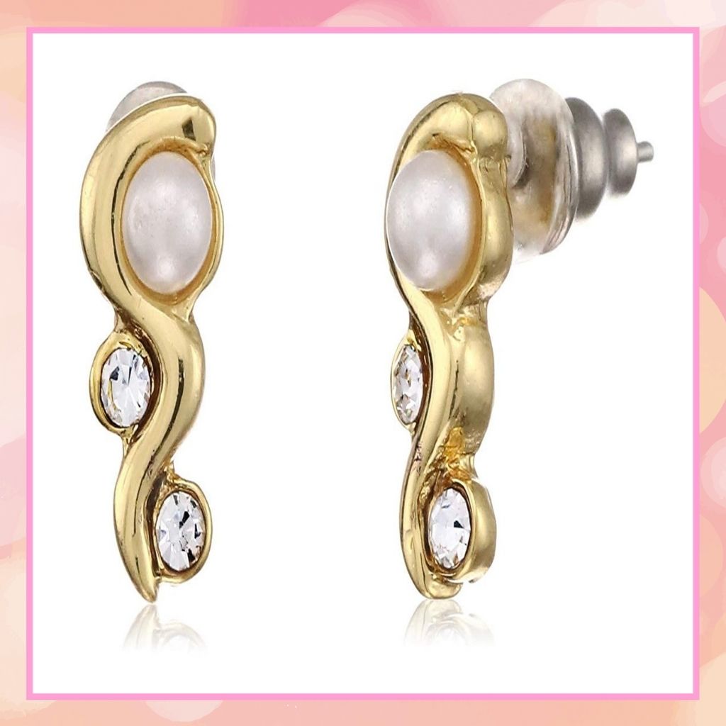 Estele Gold Plated Slithering Pearl and crystal Stud Earrings for women