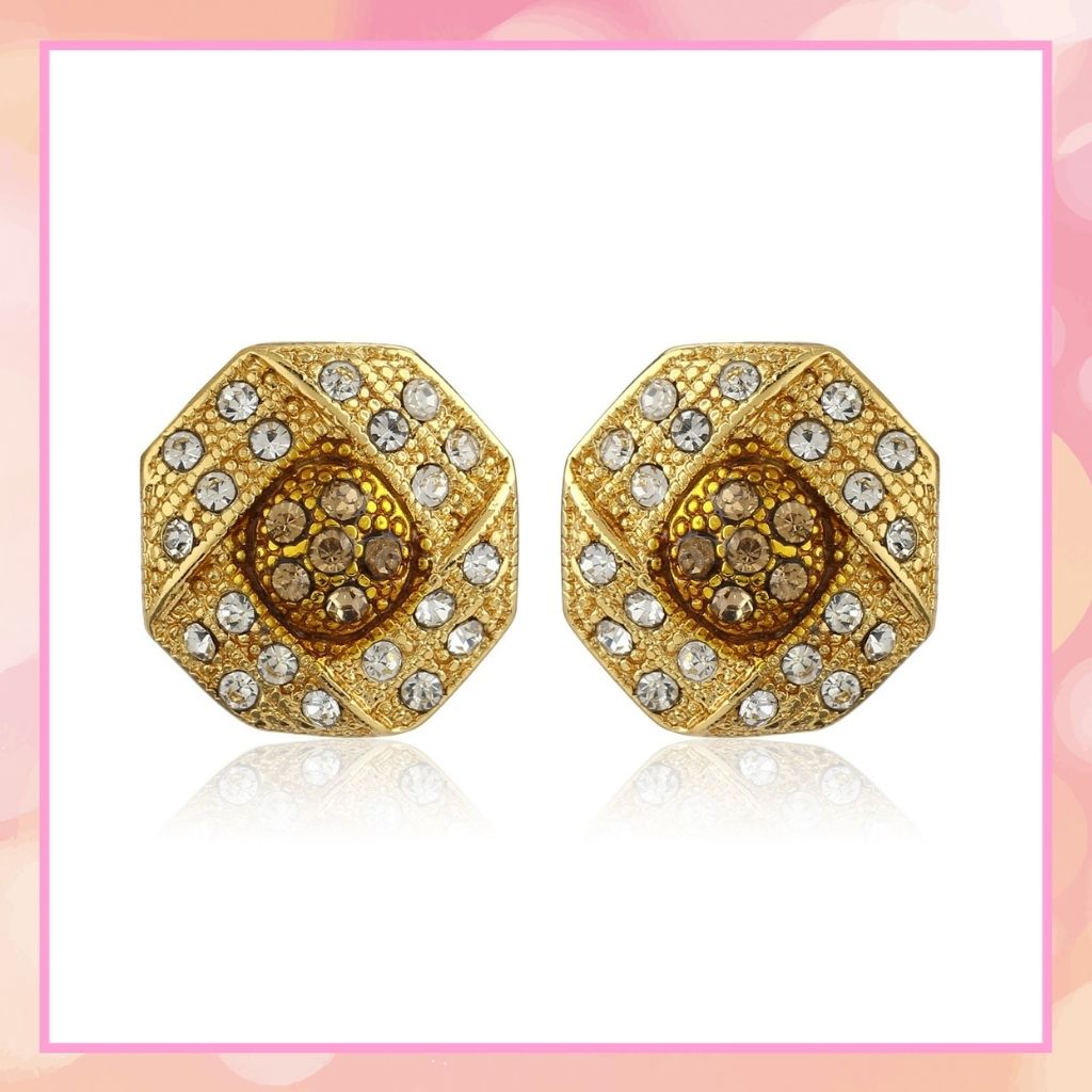 Gold Plated White Austrian Crystal Stone Round Stud Earrings For Womens