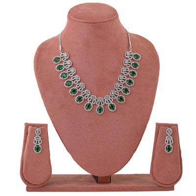 Estele Rhodium Plated CZ Gorgeous Necklace Set with Green Crystals for Women
