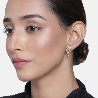 Estele  Gold Plated American Diamond Mishaped Leaf Drop Earrings for Women