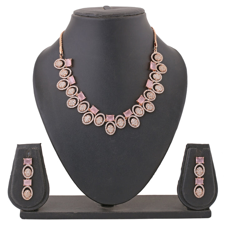 Estele Rose Gold Plated CZ Astonishing Necklace Set with Mint Pink Crystals for Women