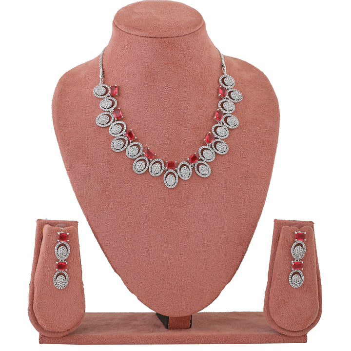 Estele Rhodium Plated CZ Circular Designer Necklace Set with Pink Crystals for Women