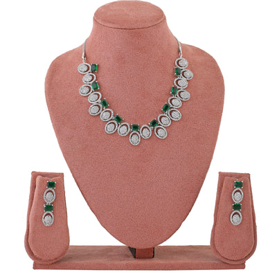 Estele Rhodium Plated CZ Mesmerizing Necklace Set with Green Crystals for Women