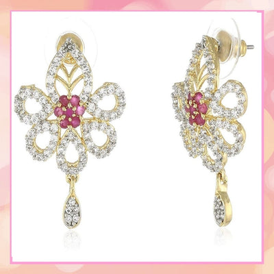 Estele  Plated American Diamond and Ruby Indian  Dangle Earrings for women