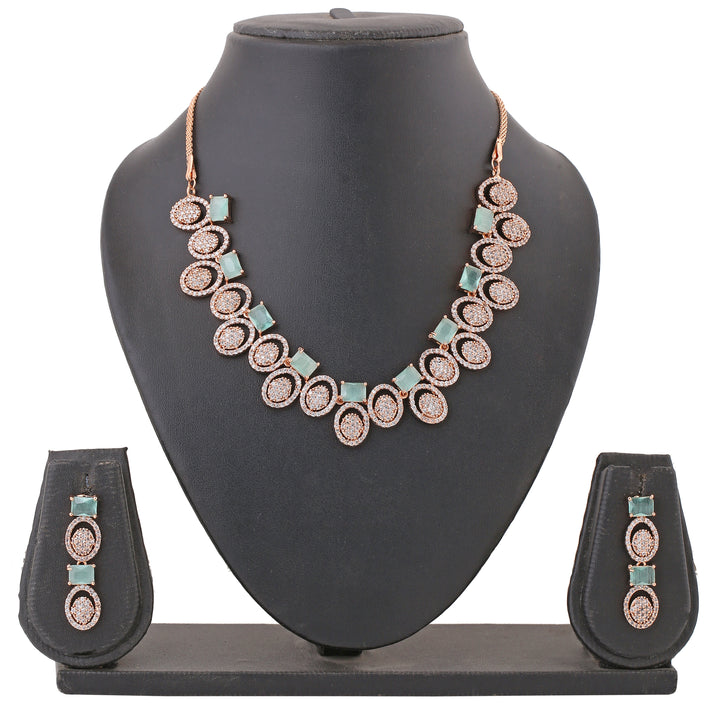 Estele Rose Gold Plated CZ Fascinating Necklace Set with Mint Green Crystals for Women