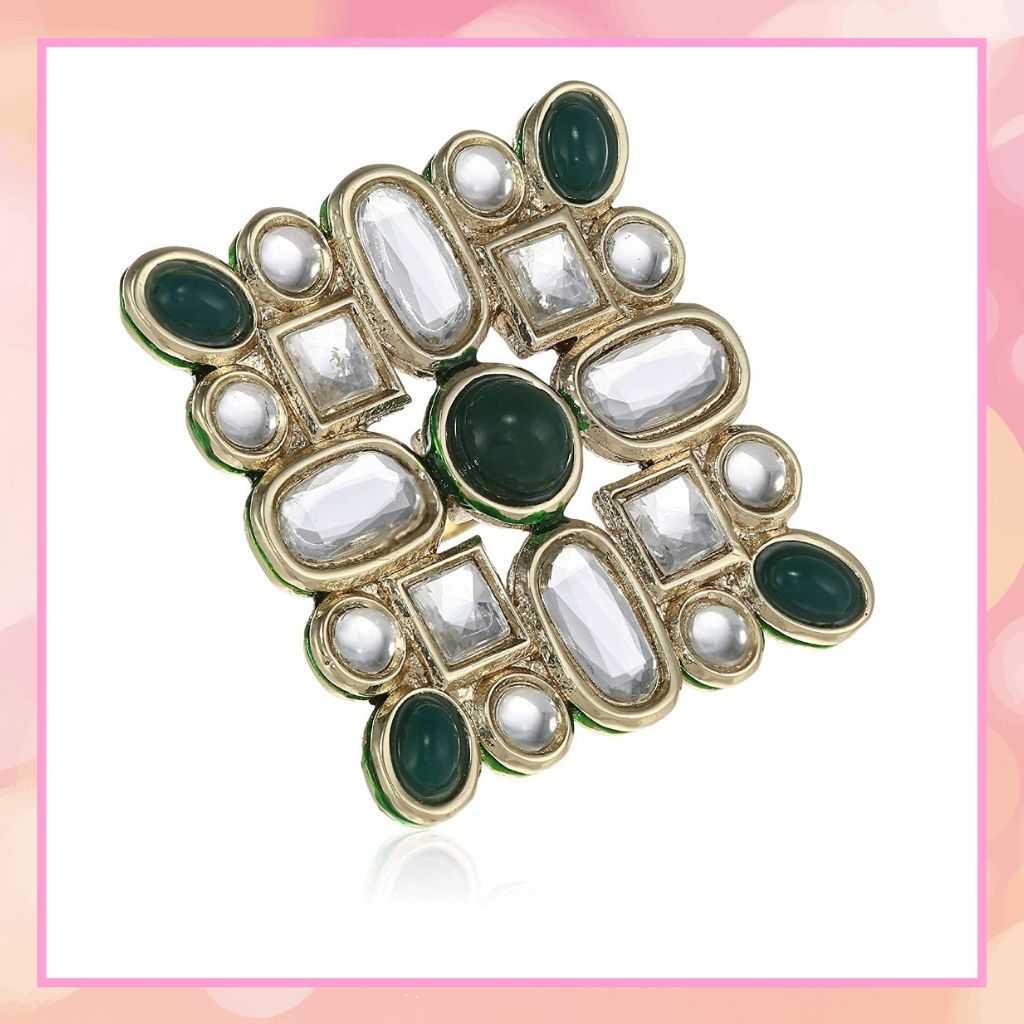 Estele Gold plated white polki kundan stones with green beads for women( non adjustable)