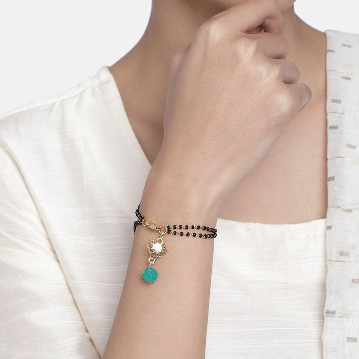 Estele Gold Plated Floret Designer Black & Green Beads Bracelet with Austrian Crystal for Women