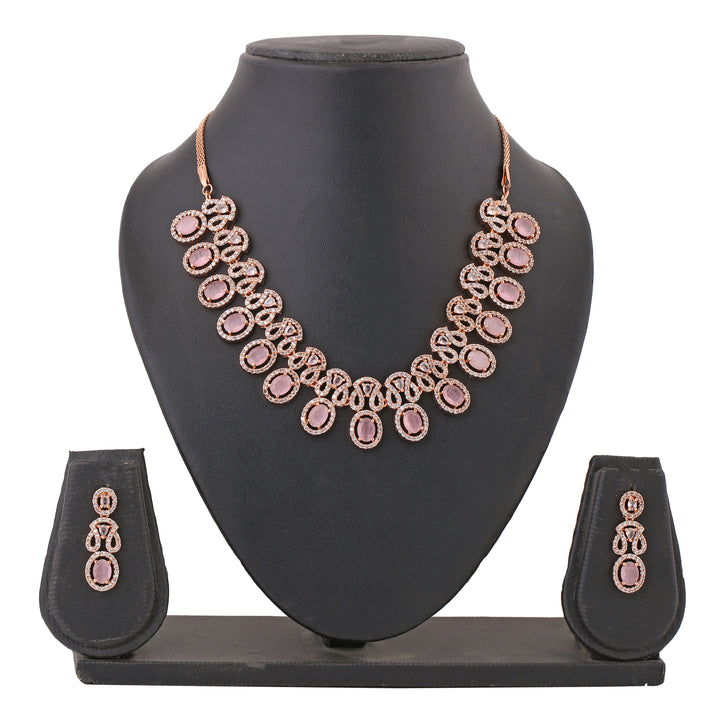 Estele Rose Gold Plated CZ Ravishing Necklace Set with Mint Pink Crystals for Women