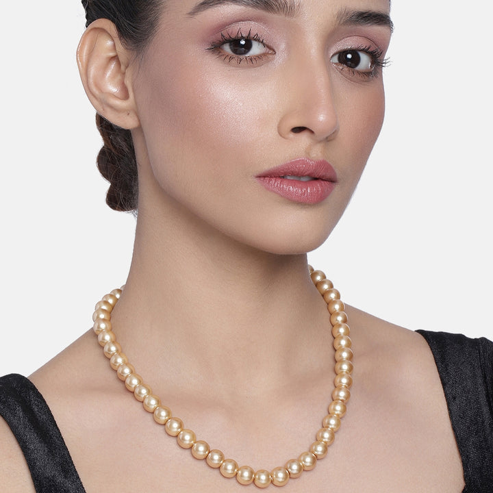 Estele Gold Plated Sparkling Single Line Pearl Necklace for Women