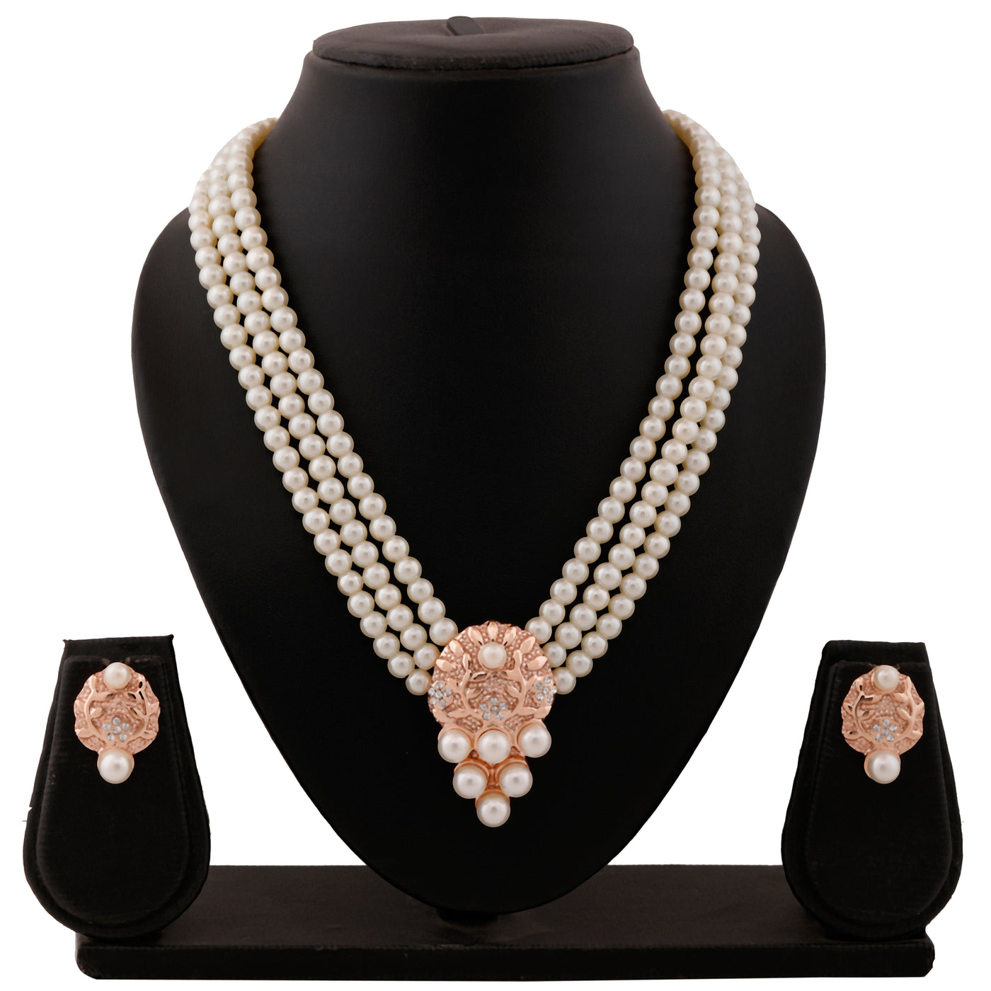 Estele Rose Gold Plated Sparkling Necklace Set with Pearls for Women