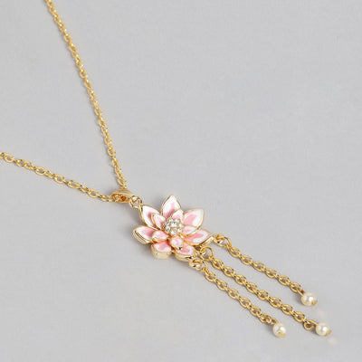 Estele Gold Plated Flower petal Rhinestone Pearls Drop Pendant set