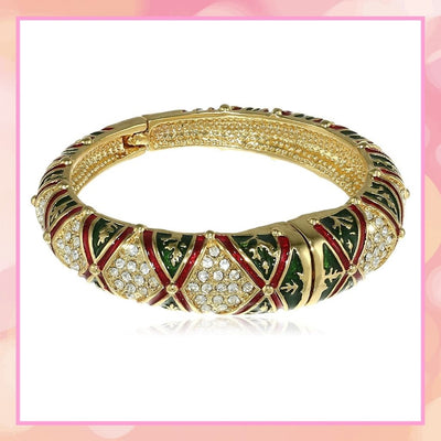 Estele Gold Plated Diamond Pattern Green and Red Meenakari Cuff Bracelet