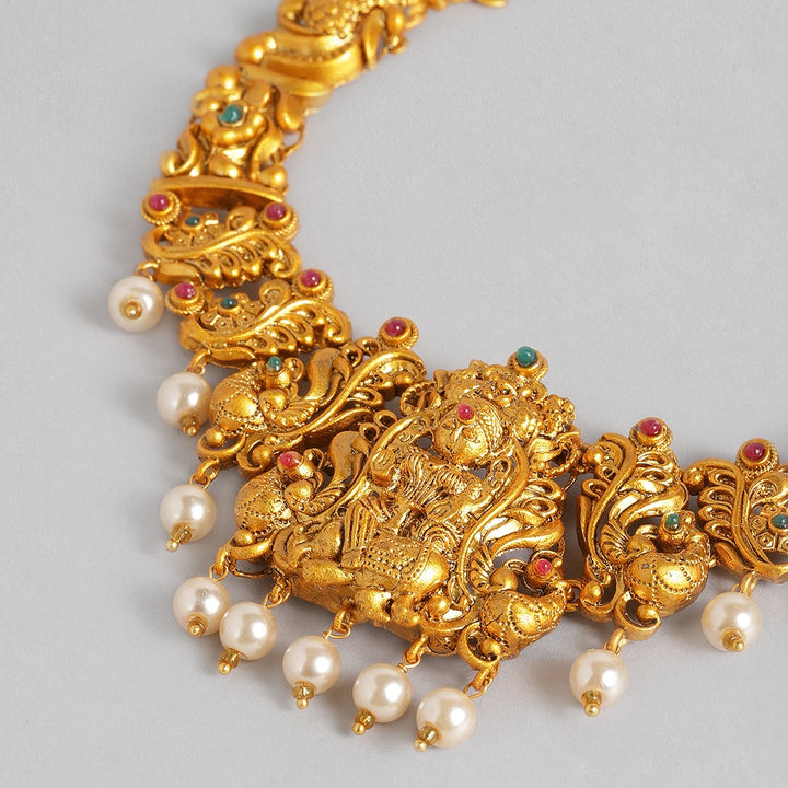 Estele Gold Plated Sacred Godess Lakshmi Nakshi Temple Necklace Set with Colored Stones & Pearls for Women