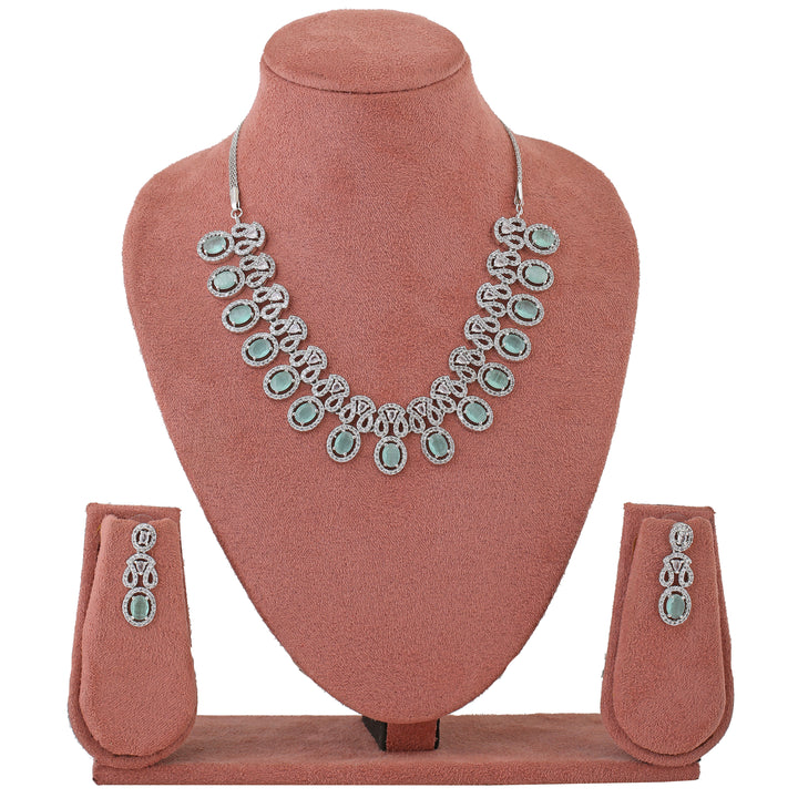 Estele Rhodium Plated CZ Fascinating Necklace Set with Mint Green Crystals for Women