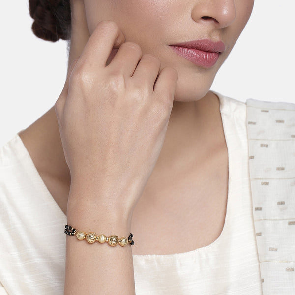 Estele Gold Plated Macrame Bracelet with Black Beads for Women