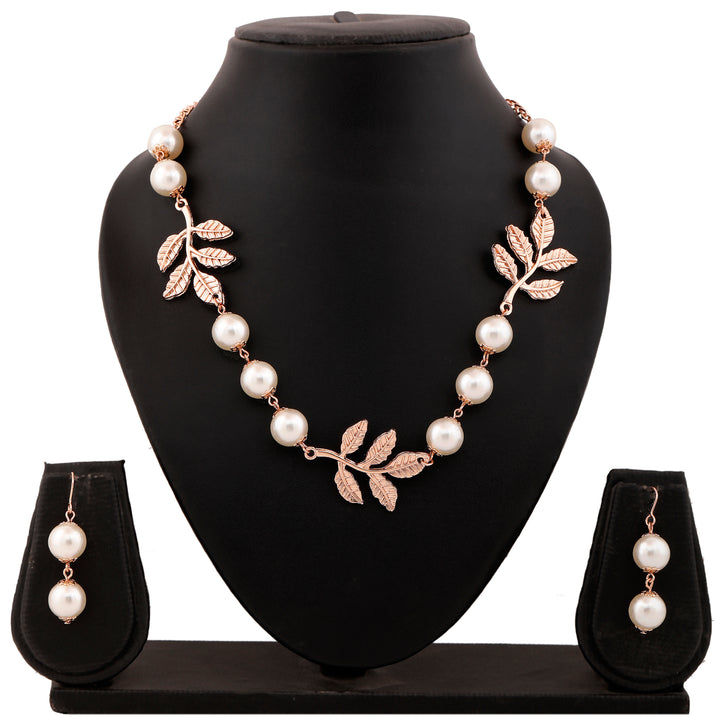 Estele Rose Gold Plated Leaf Designer Necklace Set with Pearls for Women