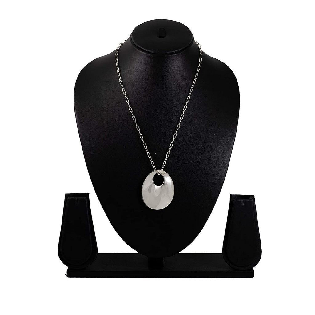 Estele Rhodium Plated Chain with Holographic Silver Circle Pendant for Women / Girls