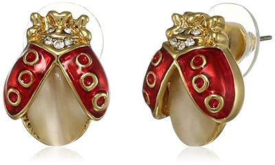 Estele Valentines Day Gift Gold Plated Pearl Lady bug Stud Earrings(GOLD & RED)