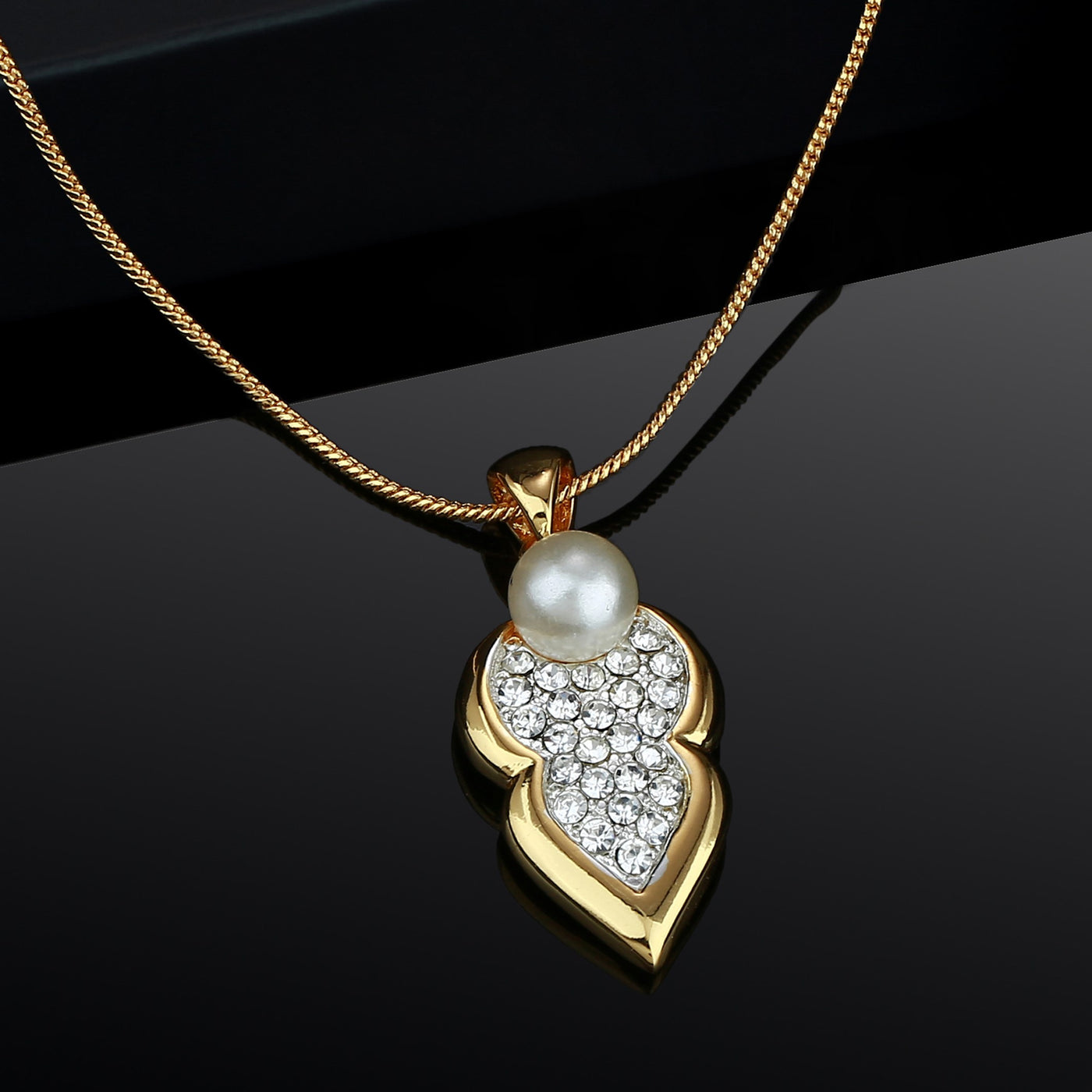 Estele - Gold Plated Leafy Shaped Pendant with Austrian Crystals & Pearl for Women / Girls