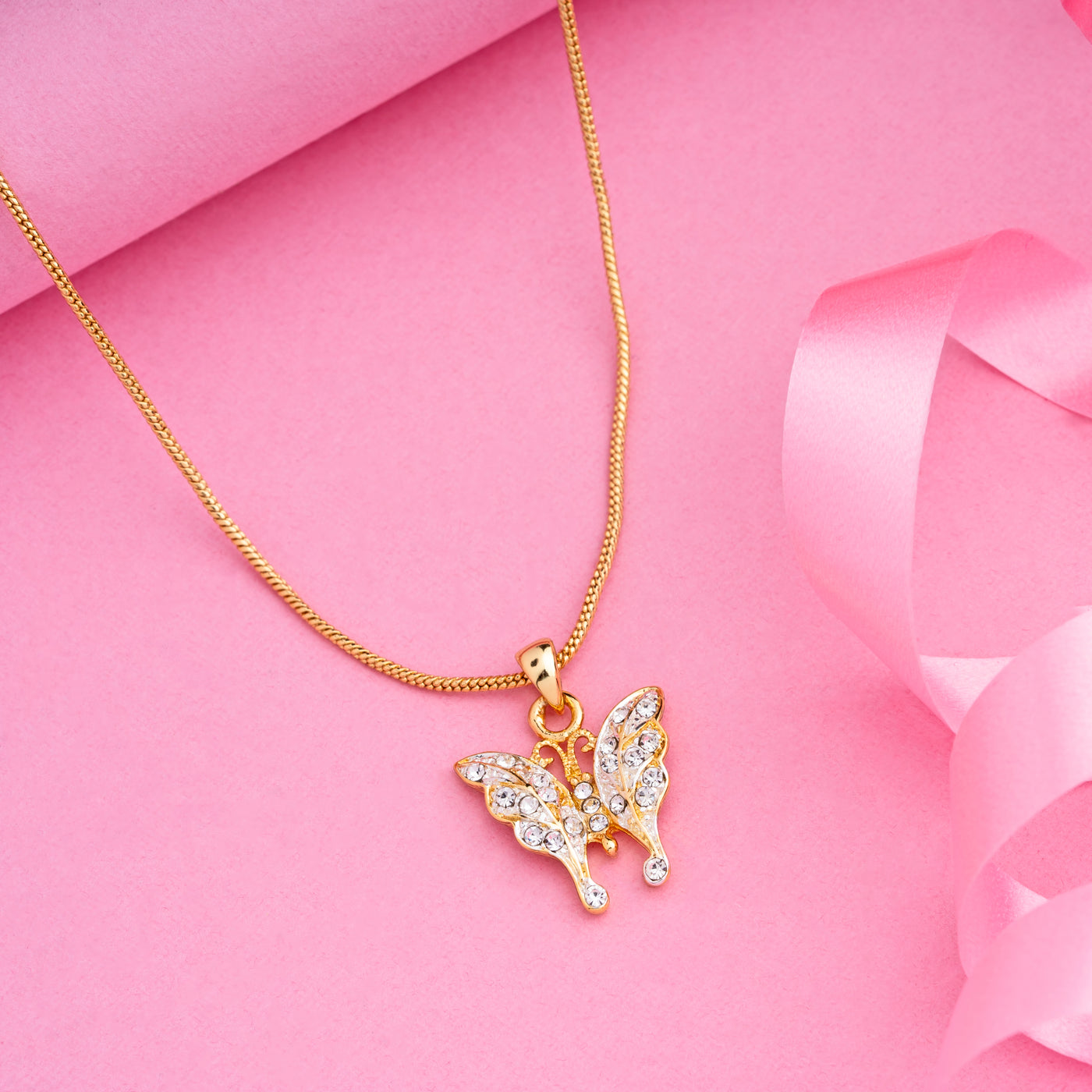 Estele  GOLD plated Pretty butterfly pendant with white stones for women