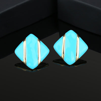 Estele Gold Plated Aqua Enamel Diamond shaped studs for women