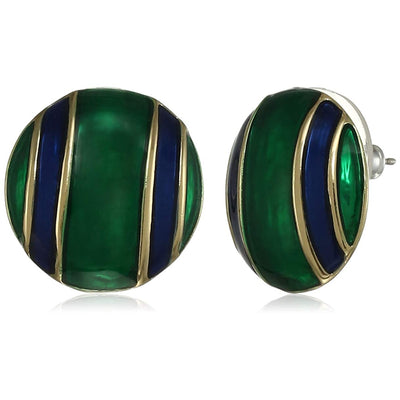 Estele Non Precious Metal Gold Plated Green Blue Pinstrip Enamel Stud Earrings for Girls