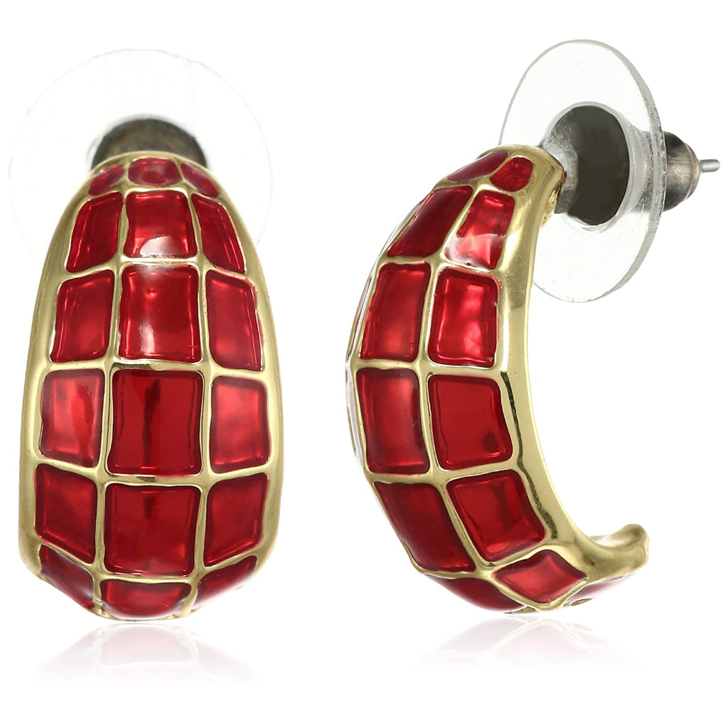 Estele Gold Plated Red enamel checkered Stud Earrings for women