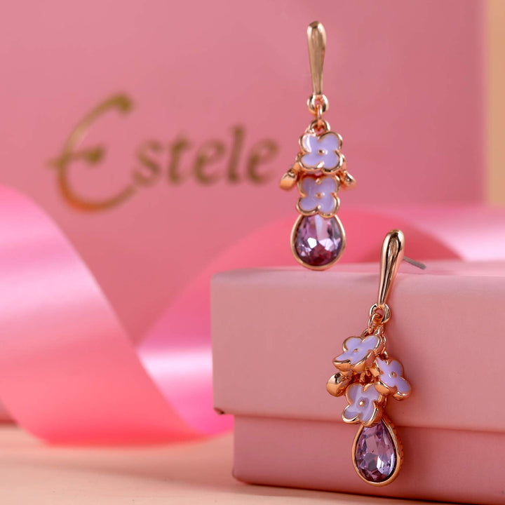 Gift Estele purple coloured rose gold plated charms hanging earrings for women