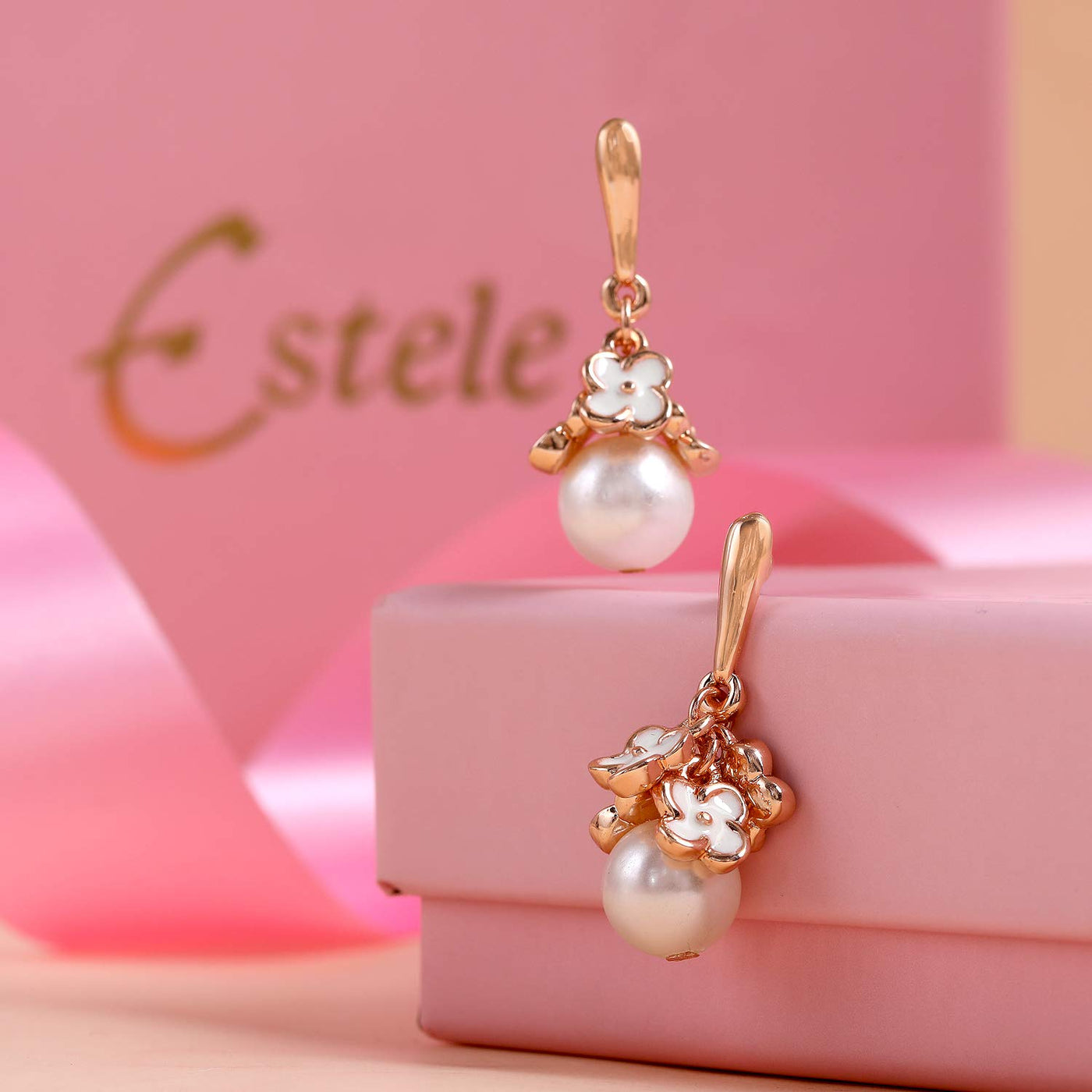 Estele Rose Gold Plated White enamel Flower charm Drop Earrings for Girl's and Women