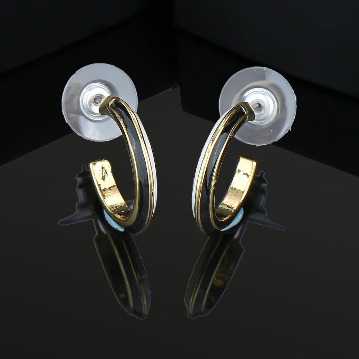 Estele Gold Plated Black and white enamel Hoop Earrings for women