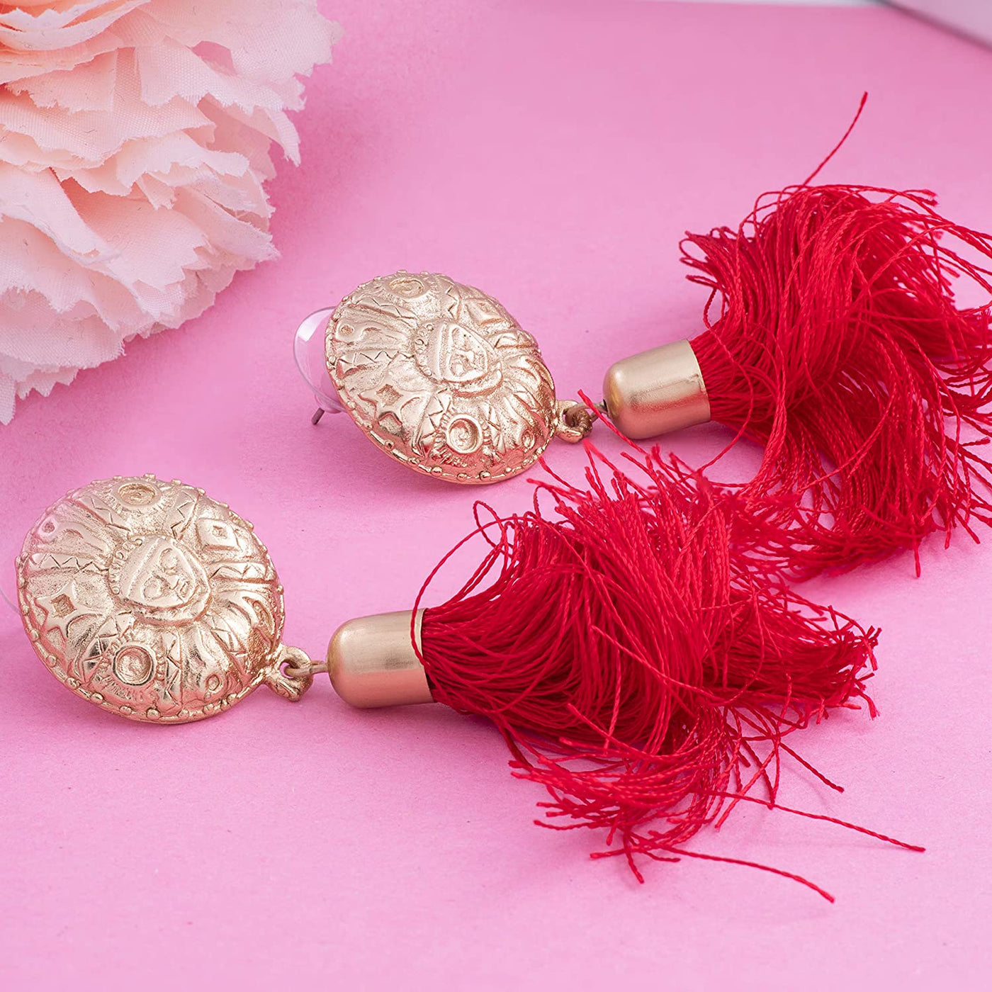 Estele Gold Plated Designer Egyptian red tassel Earrings for women