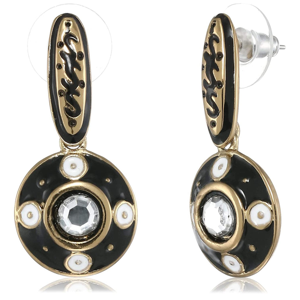 Estele Gold Tone Black Enamel Round Kundan Drop Earrings for women