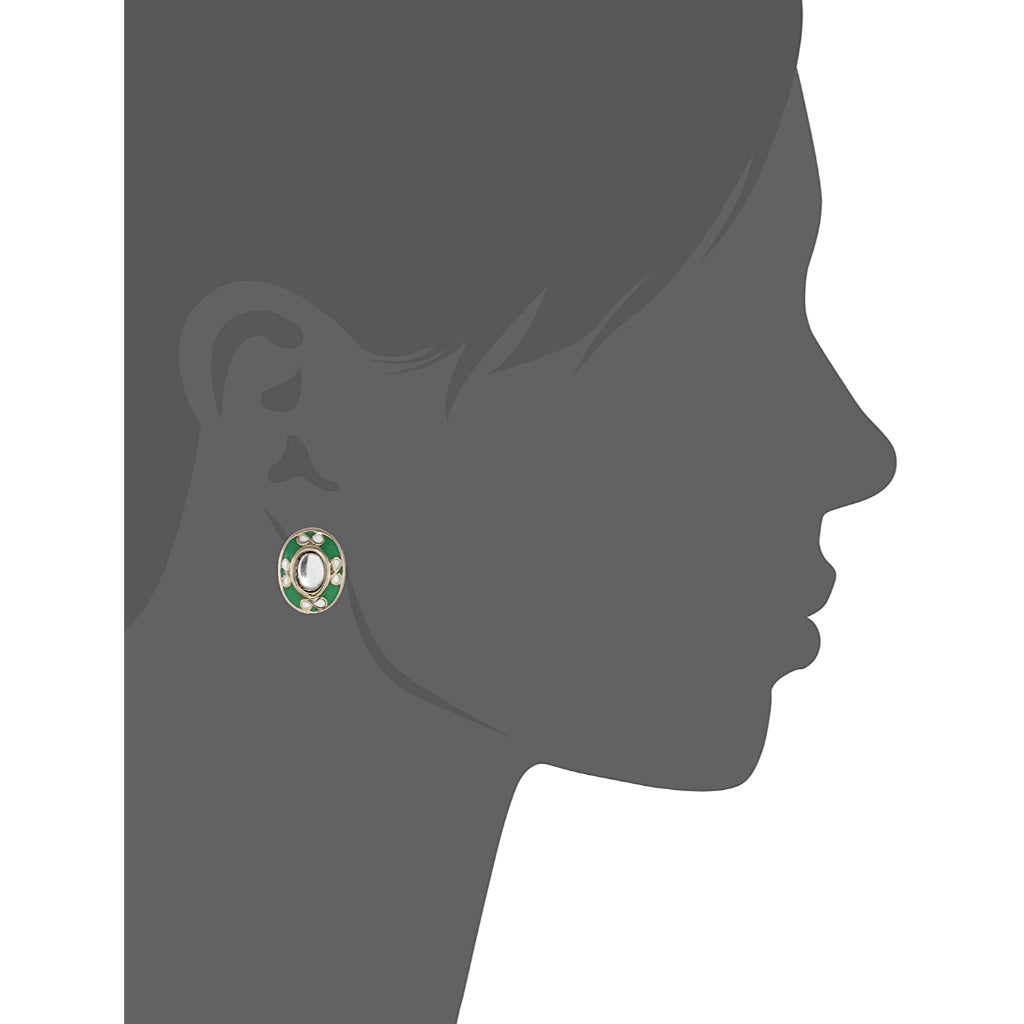 Estele Non-Precious Metal Gold Plated Green Enamel Oval kundan Stud Earrings for Girls/Womens