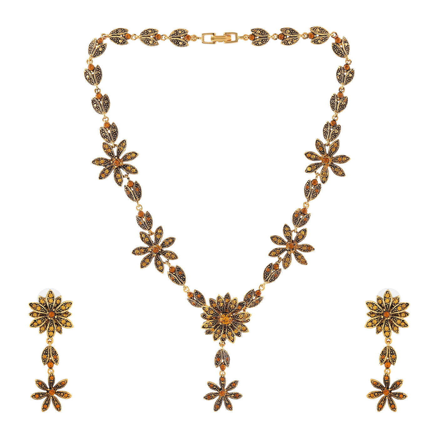 Estele Oxidised Gold Plated Flower and Leaf with Austrian Crystal Necklace Set for Women