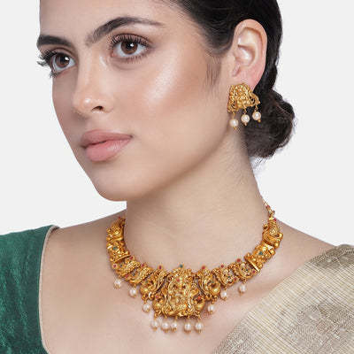 Estele Gold Plated Sacred Godess Lakshmi Nakshi Temple Necklace Set with Colored Stones & Pearls for Women