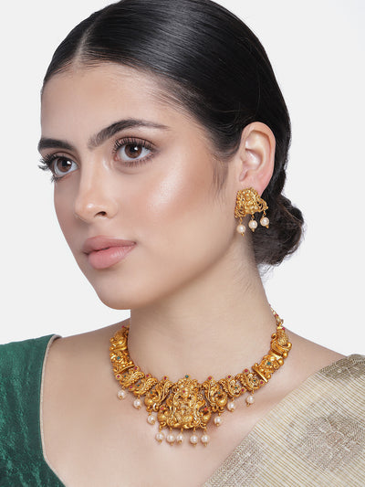 Estele Gold Plated Sacred Godess Lakshmi Nakshi Temple Necklace Set with Colored Stones & Pearls for Women