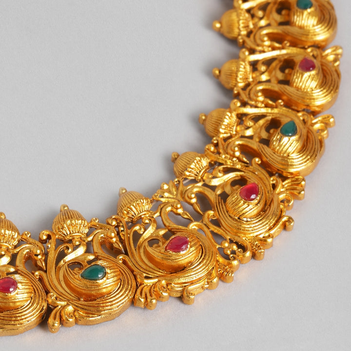 Estele - Gold Plated Holy Swans Designer Nakshi Temple Necklace Set with Colored Stones and Pearls for Women