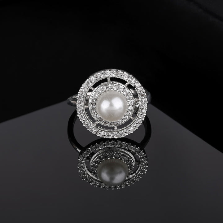 Estele Rhodium Plated CZ Adjustable Circular Ring with Pearl for Women
