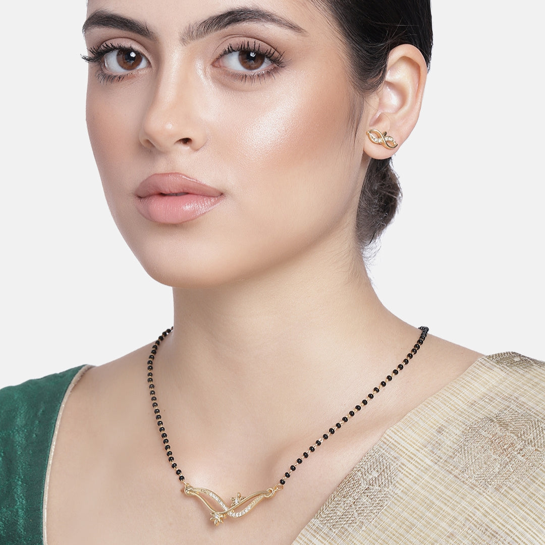 Estele Gold Plated Wave Textured Mangalsutra Necklace Set with Austrian Crystals for Women