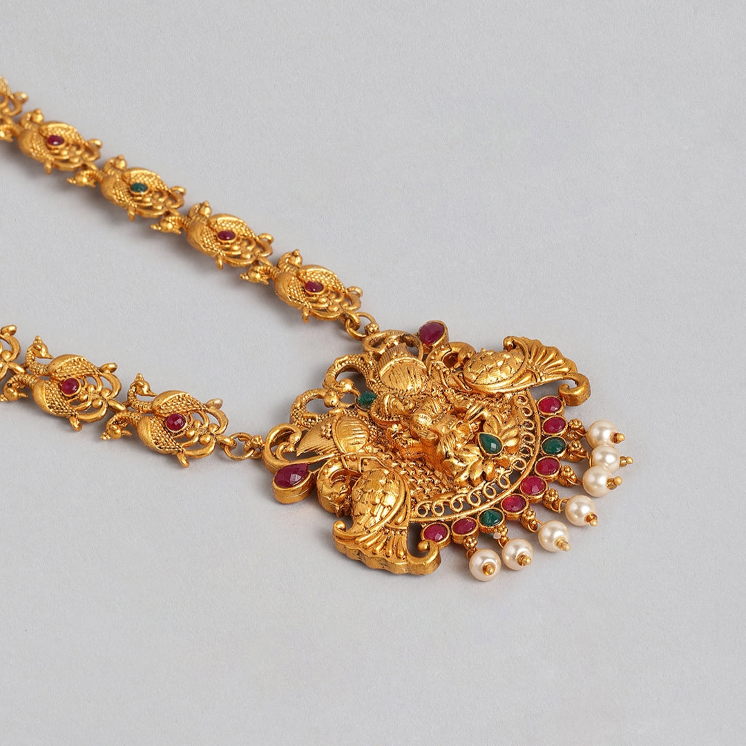 Estele Gold Plated Pure & Blessed Lakshmi Ji with Peacocks Nakshi Temple Necklace Set for Women with Colored Stones & Pearls
