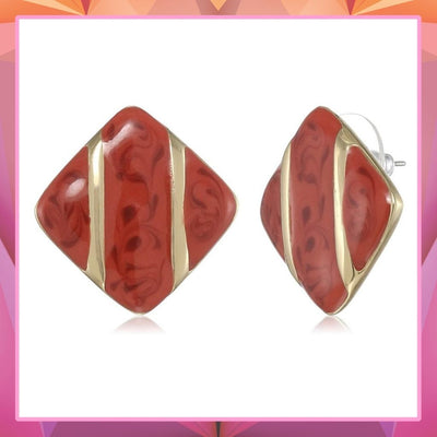 Estele Gold Tone Red enamel diamond shaped Stud Earrings for women