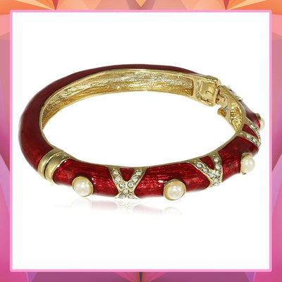 Estele Gold Plated Red Enamel Pearl Studded Cuff Bracelet for women
