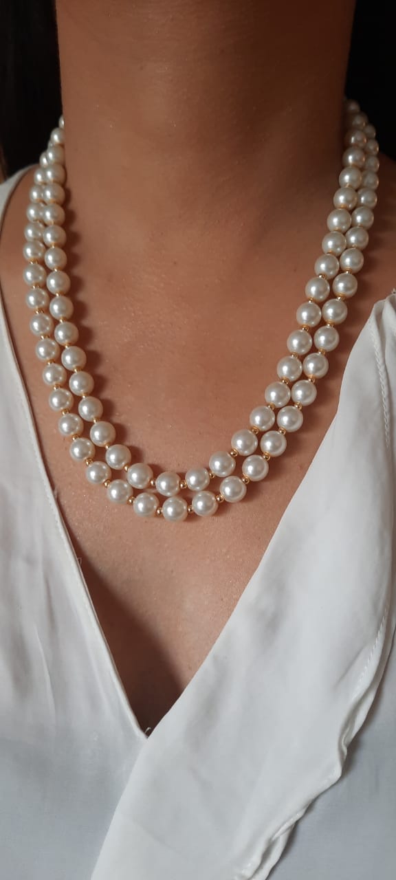 Estele - Fancy White and Gold Pearl Double Line Necklace