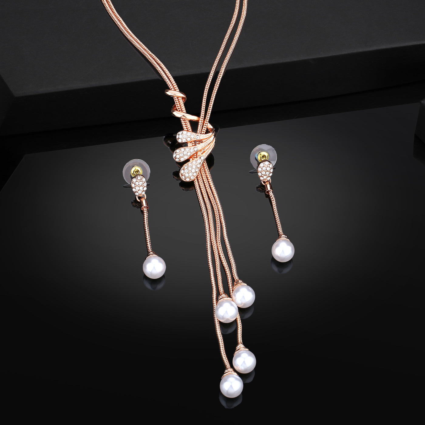 Estele Rose Gold Plated Trendy Tassel Necklace Set with Crystals & Pearls for Women