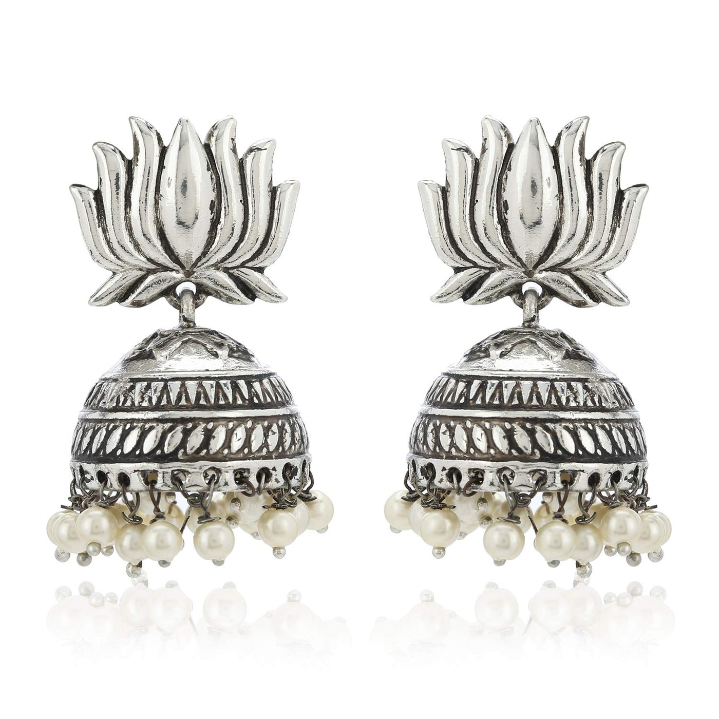 Estele Valentines Day Gift For Her - Oxidized Silver Tone Plated Lotus Shape Jhumka Earrings(WHITE & BLUE)