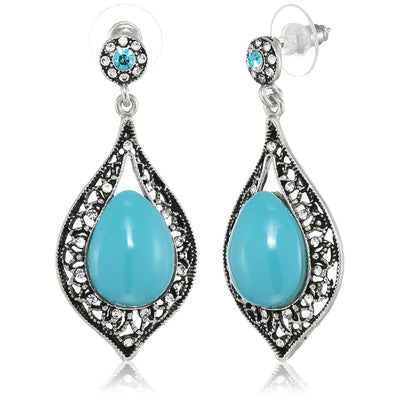 Estele Oxidized Silver Plated Blue Victorian filigree Dangle Earrings for women