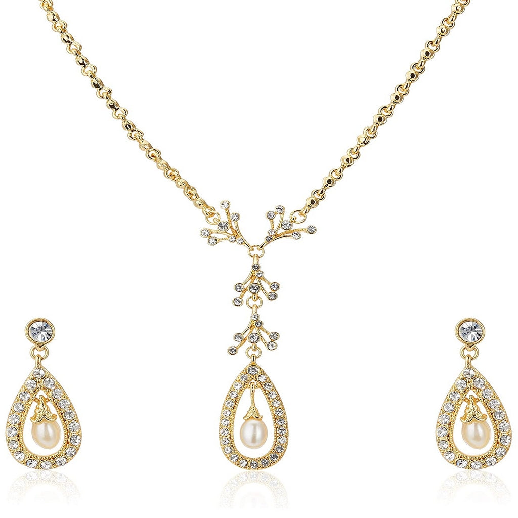 Estele 24 Kt Gold Plated with Austrian Crystal and Pearl Necklace Set for Women